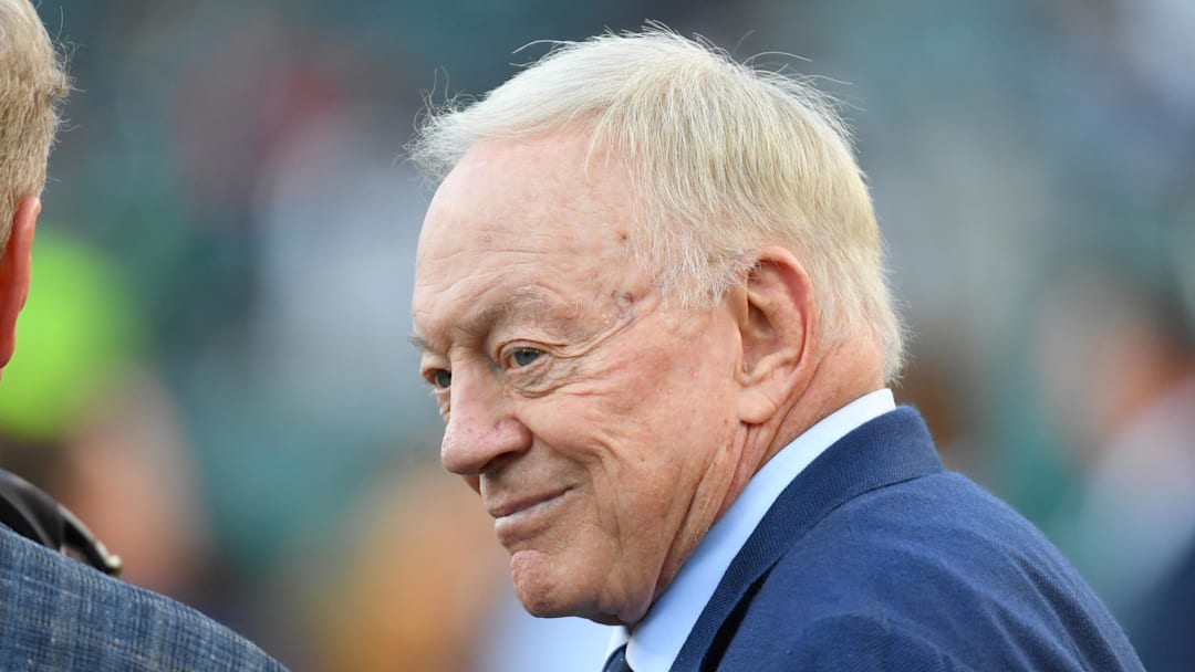 Nov 5, 2023; Philadelphia, Pennsylvania, USA; Dallas Cowboys owner Jerry Jones on the field against the Philadelphia Eagles at Lincoln Financial Field. Mandatory Credit: Eric Hartline-Imagn Images