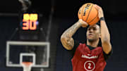 Mar 26, 2025; San Francisco, CA, USA; Arkansas Razorbacks guard Boogie Fland (2) shoots the basketball during NCAA Tournament West Regional Practice at Chase Center.
