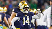 Notre Dame cornerback Dallas Golden (14) celebrates after a Southern California turnover in the second half of a NCAA football game at Notre Dame Stadium on Saturday, Oct. 18, 2025, in South Bend.