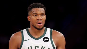 Nov 8, 2024; New York, New York, USA; Milwaukee Bucks forward Giannis Antetokounmpo (34) reacts during the third quarter against the New York Knicks at Madison Square Garden. Mandatory Credit: Brad Penner-Imagn Images