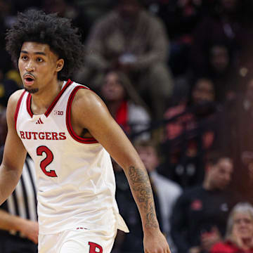 Mar 9, 2025; Piscataway, New Jersey, USA; Rutgers Scarlet Knights guard Dylan Harper (2) in action during overtime against the Minnesota Golden Gophers at Jersey Mike's Arena. Mandatory Credit: Vincent Carchietta-Imagn Images