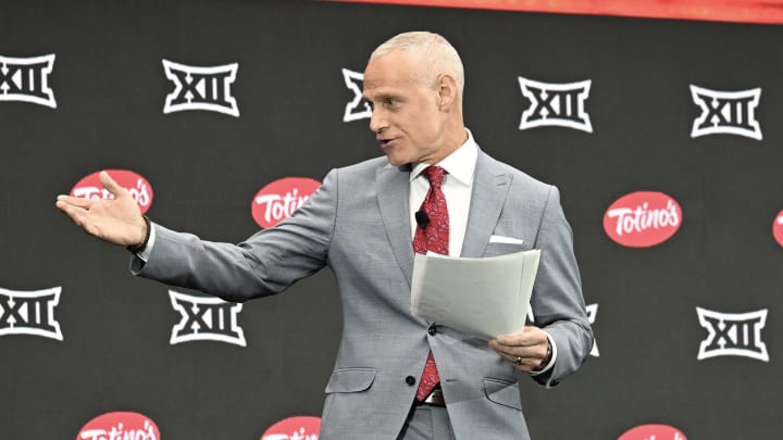 Jul 9, 2024; Las Vegas, NV, USA; Big 12 Conference commissioner Brett Yormark speaks to the media during the Big 12 Media Days at Allegiant Stadium.  