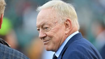 Dallas Cowboys owner Jerry Jones on the field against the Philadelphia Eagles at Lincoln Financial Field. 