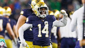 Notre Dame cornerback Dallas Golden (14) celebrates after a Southern California turnover in the second half of a NCAA football game at Notre Dame Stadium on Saturday, Oct. 18, 2025, in South Bend.