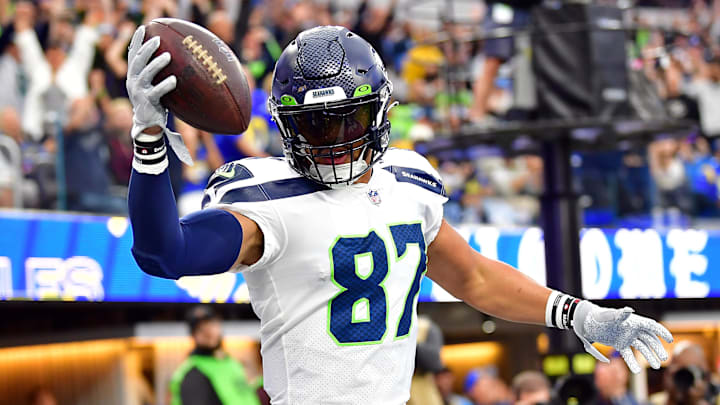 Dec 4, 2022; Inglewood, California, USA; Seattle Seahawks tight end Noah Fant (87) celebrates his touchdown scored against the Los Angeles Rams during the first half at SoFi Stadium. Mandatory Credit: Gary A. Vasquez-Imagn Images