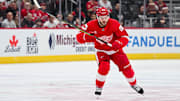 Apr 6, 2025; Detroit, Michigan, USA; Detroit Red Wings right wing Alex DeBrincat (93) during the game against the Florida Panthers at Little Caesars Arena. Mandatory Credit: Tim Fuller-Imagn Images