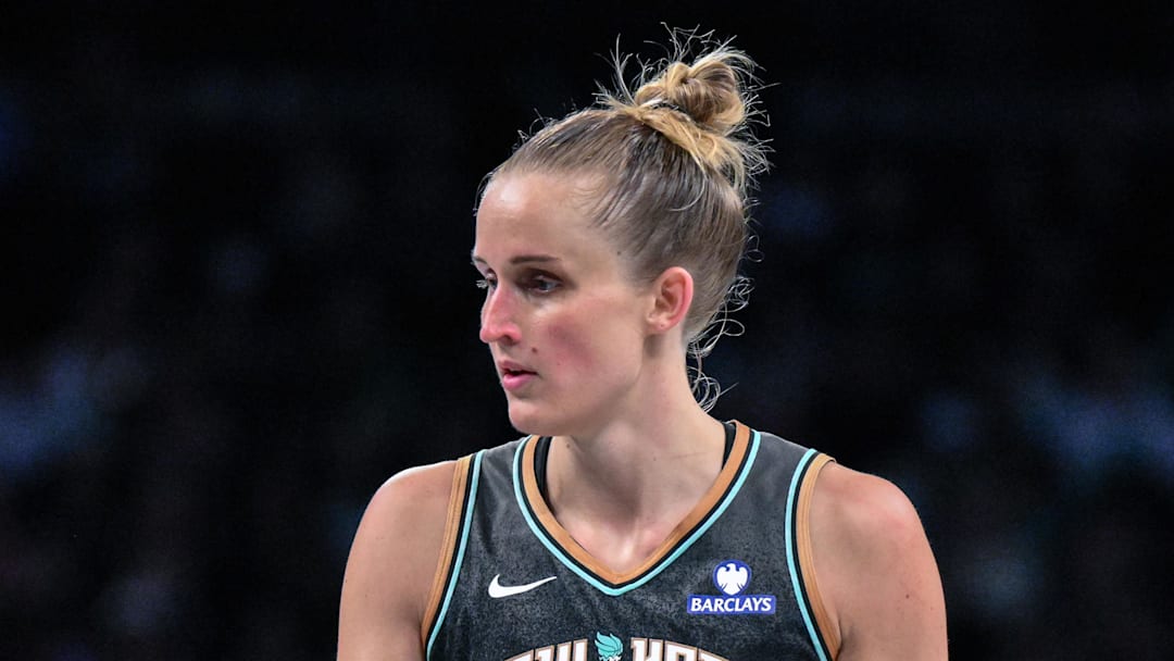 May 29, 2025; Brooklyn, New York, USA; New York Liberty forward Leonie Fiebich (13) during a game against the Golden State Valkyries at Barclays Center. Mandatory Credit: John Jones-Imagn Images