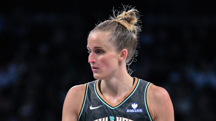 May 29, 2025; Brooklyn, New York, USA; New York Liberty forward Leonie Fiebich (13) during a game against the Golden State Valkyries at Barclays Center. Mandatory Credit: John Jones-Imagn Images