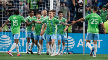 Jul 26, 2024; Seattle, Washington, USA;  Seattle Sounders including defender Jon Bell (15) midfielder Leo Chu (23), second from left, midfielder Obed Vargas (18), forward Jordan Morris (13), fourth from left, midfielder Albert Rusnak (11), forward Paul Rothrock (14) and defender Jackson Ragen (25) celebrate a goal against Minnesota United during the second half at Lumen Field. Mandatory Credit: Stephen Brashear-USA TODAY Sports