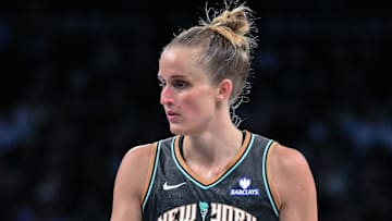 May 29, 2025; Brooklyn, New York, USA; New York Liberty forward Leonie Fiebich (13) during a game against the Golden State Valkyries at Barclays Center. Mandatory Credit: John Jones-Imagn Images