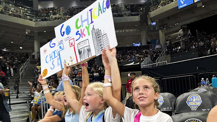 Aug 15, 2025; Chicago, Illinois, USA;  Chicago Sky fans yell during the first half against Golden State Valkyries at Wintrust Arena. Mandatory Credit: Matt Marton-Imagn Images
