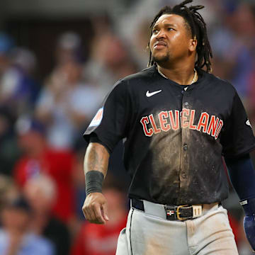 Apr 27, 2024; Atlanta, Georgia, USA; Cleveland Guardians third baseman Jose Ramirez (11) reacts after being tagged out at home against the Atlanta Braves in the sixth inning at Truist Park. Mandatory Credit: Brett Davis-Imagn Images