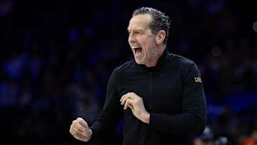 Jan 24, 2025; Philadelphia, Pennsylvania, USA; Cleveland Cavaliers head coach Kenny Atkinson reacts to a play against the Philadelphia 76ers during the second quarter at Wells Fargo Center.