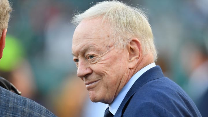 Nov 5, 2023; Philadelphia, Pennsylvania, USA; Dallas Cowboys owner Jerry Jones on the field against the Philadelphia Eagles at Lincoln Financial Field. Mandatory Credit: Eric Hartline-USA TODAY Sports