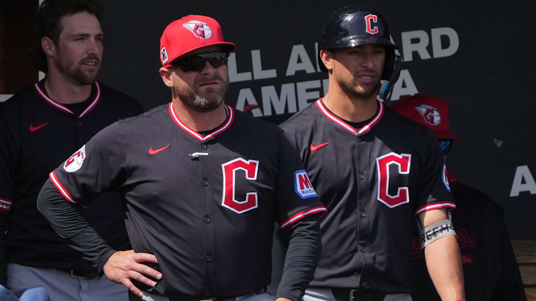 Mar 16, 2025; Phoenix, Arizona, USA; Cleveland Guardians manager Stephen Vogt (12) gets ready for a game against the Milwaukee Brewers at American Family Fields of Phoenix. Mandatory Credit: Rick Scuteri-Imagn Images