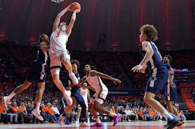 Illinois Fighting Illini forward Ben Humrichous (3) drives to the basket during the second half against Penn State.