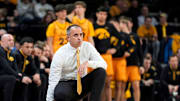 Iowa head coach Ben McCollum watches the Hawkeyes basketball game against the Maryland Terrapins Dec. 6, 2025 at Carver-Hawkeye Arena in Iowa City, Iowa.