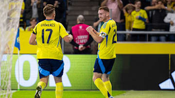 Dejan Kulusevski celebrates with Viktor Gyokeres - something that may have happened at club level 