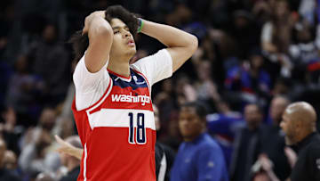 Nov 10, 2025; Detroit, Michigan, USA;  Washington Wizards forward Kyshawn George (18) reacts after the game against the Detroit Pistons at Little Caesars Arena. Mandatory Credit: Rick Osentoski-Imagn Images