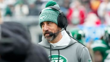 Aaron Rodgers of the New York Jets is shown on the sideline, Sunday December 24, 2023.