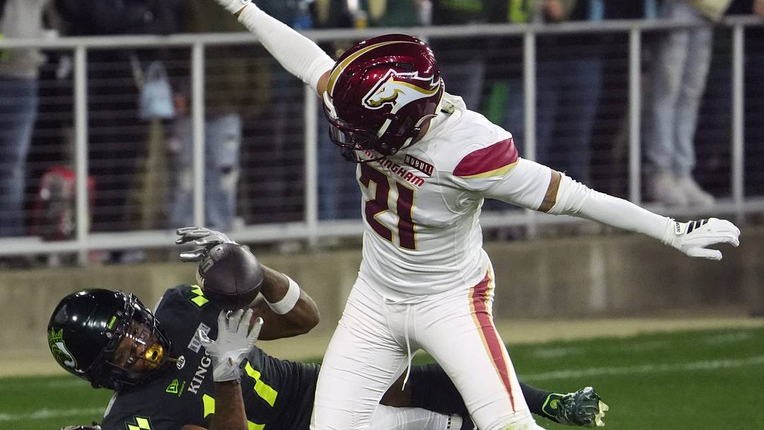 Louisville Kings’ Tarik Black couldn’t hold onto the ball for against Birmingham Stallions’ Tre Norwood (21) and Steven Gilmore in a United Football League game at Lynn Family Stadium. 
March 27, 2026