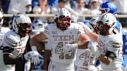 Texas Tech Red Raiders defensive back Brock Golwas (45) reacts after a play against the BYU Cougars in the second half at Jones AT&T Stadium.
