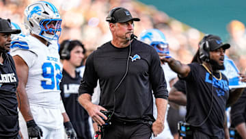 Detroit Lions head coach Dan Campbell watches a play against Green Bay Packers during the second half at Lambeau Field in Green Bay, Wis., on Sunday, September 7, 2025.