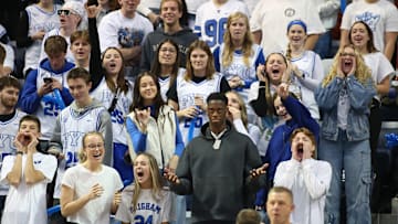 AJ Dybantsa joins fans in the BYU ROC as the Cougars face off against Fresno State.