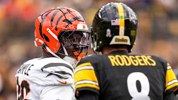 Cincinnati Bengals defensive end Cam Sample (96) and Pittsburgh Steelers quarterback Aaron Rodgers (8) exchange words after a play in the first quarter of the NFL Week 11 game between the Pittsburgh Steelers and the Cincinnati Bengals at Acrisure Stadium in Pittsburgh on Sunday, Nov. 16, 2025. The Steelers led 10-6 at halftime.