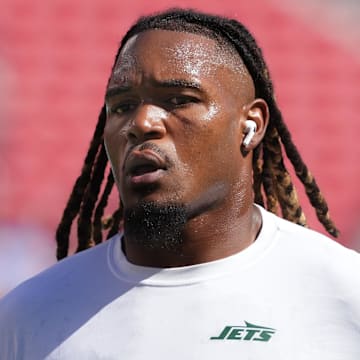 Sep 9, 2024; Santa Clara, California, USA; New York Jets linebacker Jamien Sherwood (44) before the game against the San Francisco 49ers at Levi's Stadium. 