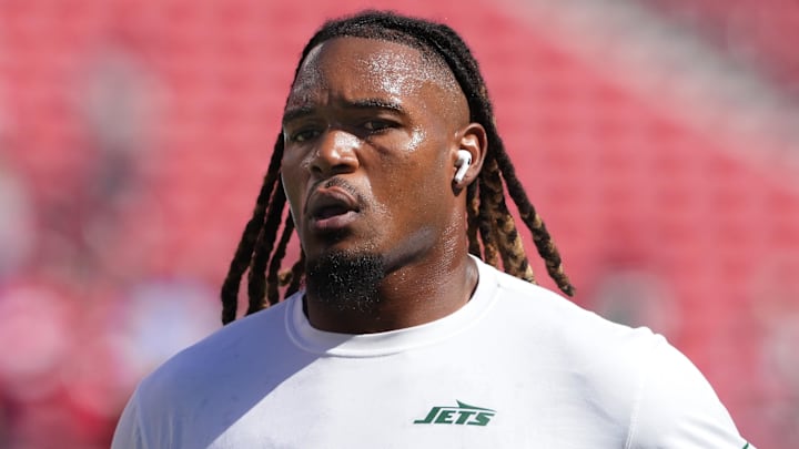 Sep 9, 2024; Santa Clara, California, USA; New York Jets linebacker Jamien Sherwood (44) before the game against the San Francisco 49ers at Levi's Stadium. 