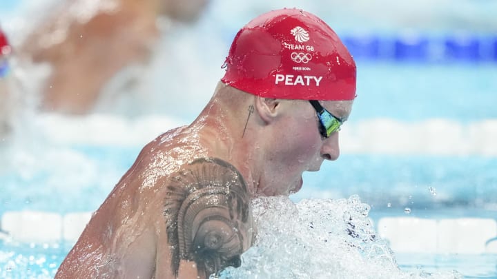 Jul 28, 2024; Nanterre, France; Adam Peaty (Great Britain) in the men’s 100-meter breaststroke final during the Paris 2024 Olympic Summer Games at Paris La Défense Arena.