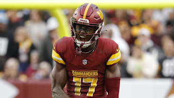 Nov 10, 2024; Landover, Maryland, USA; Washington Commanders wide receiver Terry McLaurin (17) celebrates after a play against the Pittsburgh Steelers during the second half at Northwest Stadium. Mandatory Credit: Amber Searls-Imagn Images