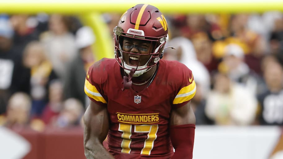 Nov 10, 2024; Landover, Maryland, USA; Washington Commanders wide receiver Terry McLaurin (17) celebrates after a play against the Pittsburgh Steelers during the second half at Northwest Stadium. Mandatory Credit: Amber Searls-Imagn Images | Amber Searls-Imagn Images