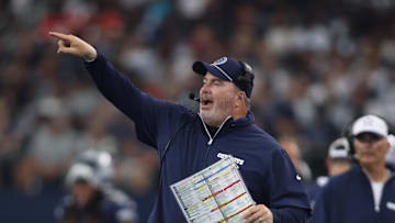 Aug 24, 2024; Arlington, Texas, USA; Dallas Cowboys head coach Mike McCarthy calls a play in the game against the Los Angeles Chargers at AT&T Stadium. Mandatory Credit: Tim Heitman-Imagn Images
