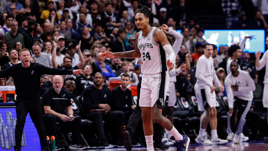 Nov 28, 2025; Denver, Colorado, USA; San Antonio Spurs guard Devin Vassell (24) reacts after a play in the fourth quarter against the Denver Nuggets at Ball Arena. Mandatory Credit: Isaiah J. Downing-Imagn Images Nov 28, 2025; Denver, Colorado, USA; San Antonio Spurs guard Devin Vassell (24) reacts after a play in the fourth quarter against the Denver Nuggets at Ball Arena. Mandatory Credit: Isaiah J. Downing-Imagn Images