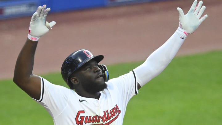 Aug 14, 2024; Cleveland, Ohio, USA; Cleveland Guardians right fielder Jhonkensy Noel (43) celebrates his three-run home run in the fourth inning against the Chicago Cubs at Progressive Field. Mandatory Credit: David Richard-USA TODAY Sports