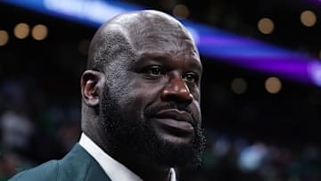 Shaquille O'Neal looks on before the game between the Boston Celtics and the Dallas Mavericks in game one of the 2024 NBA Finals at TD Garden. 