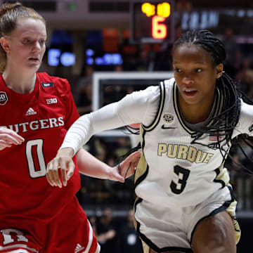 Rutgers Scarlet Knights guard Jillian Huerter (0) guards Purdue Boilermakers guard Jayla Smith (3) 