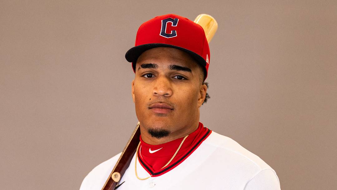 Feb 19, 2026; Goodyear, AZ, USA; Cleveland Guardians right fielder Alfonsin Rosario (89) during media day in Goodyear. Mandatory Credit: Arianna Grainey-Imagn Images