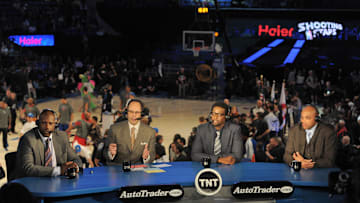 Feb 25, 2012; Orlando, FL, USA;  Shaquille O'Neal (left), Ernie Johnson (lc), Chris Webber (rc), and Charles Barkley (right) on the TNT set at the 2012 NBA All-Star Shooting Stars competition at the Amway Center. 