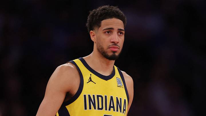iMay 21, 2025; New York, New York, USA; Indiana Pacers guard Tyrese Haliburton (0) reacts in the third quarter against the New York Knicks during game one of the eastern conference finals for the 2025 NBA Playoffs at Madison Square Garden. Mandatory Credit: Brad Penner-Imagn Images