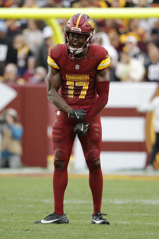 Washington Commanders wide receiver Terry McLaurin celebrates after a play against the Pittsburgh Steelers