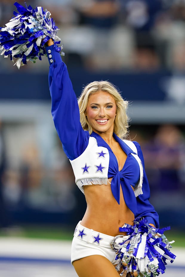 The Dallas Cowboys Cheerleaders perform during the game against the Baltimore Ravens. 