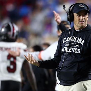 Nov 1, 2025; Oxford, Mississippi, USA; South Carolina Gamecocks head coach Shane Beamer reacts during the second quarter against the Mississippi Rebels at Vaught-Hemingway Stadium. Mandatory Credit: Petre Thomas-Imagn Images
