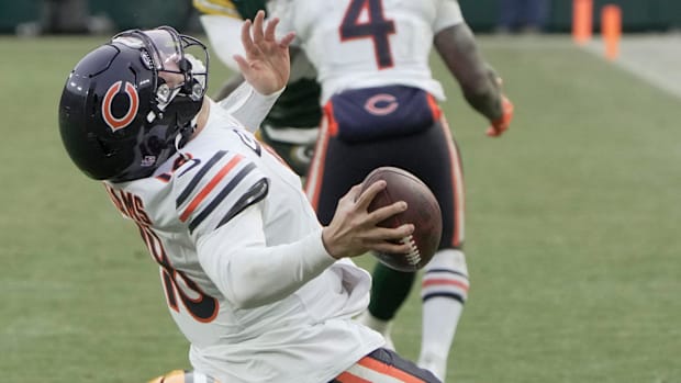Green Bay Packers defensive end Kingsley Enagbare (55) is penalized for a horse collar tackle on Chicago Bears quarterback Ca