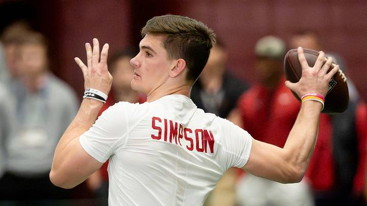 March 25, 2026; Tuscaloosa, AL, USA; Quarterback Ty Simpson throws during Pro Day in the Hank Crisp Indoor Practice Facility at the University of Alabama.