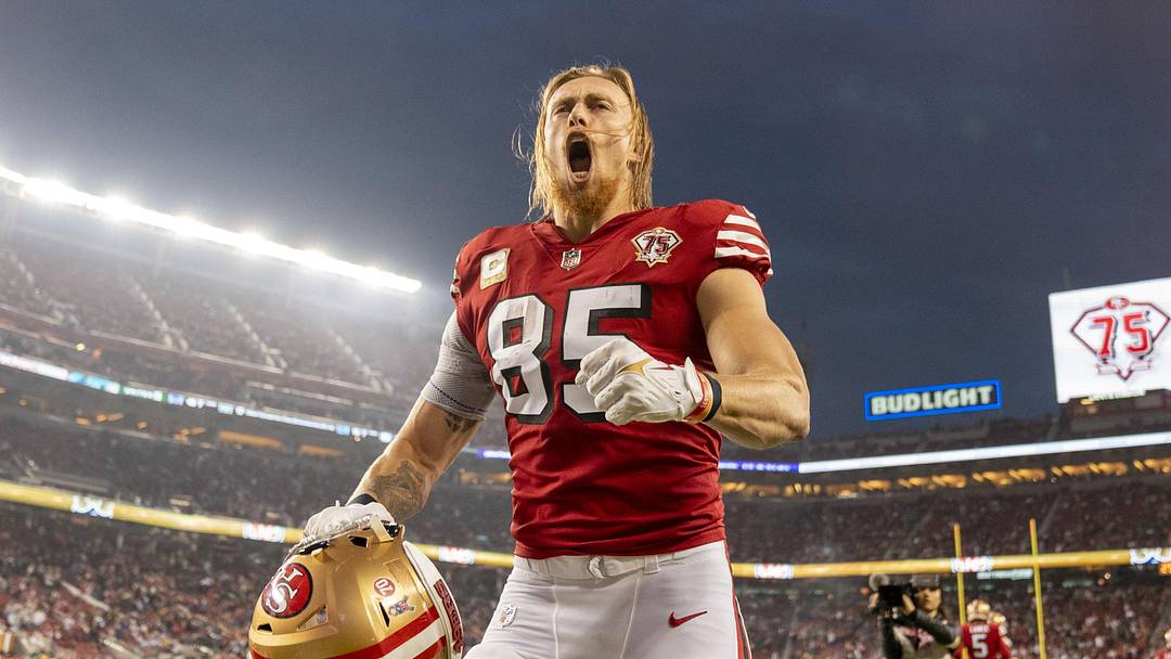 November 15, 2021; Santa Clara, California, USA; San Francisco 49ers tight end George Kittle (85) reacts before the game against the Los Angeles Rams at Levi's Stadium. Mandatory Credit: Kyle Terada-Imagn Images
