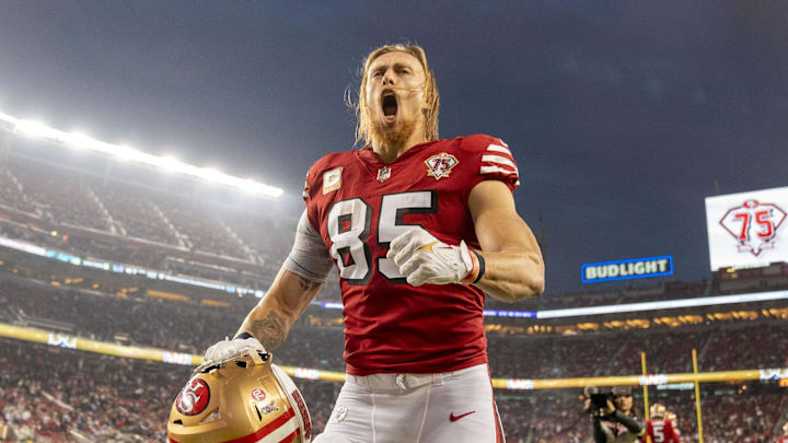 November 15, 2021; Santa Clara, California, USA; San Francisco 49ers tight end George Kittle (85) reacts before the game against the Los Angeles Rams at Levi's Stadium. Mandatory Credit: Kyle Terada-Imagn Images