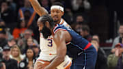 Jan 27, 2025; Phoenix, Arizona, USA; Phoenix Suns guard Bradley Beal (3) guards LA Clippers guard James Harden (1) during the second half at Footprint Center. Mandatory Credit: Joe Camporeale-Imagn Images